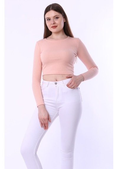 Rooted-kadın Uzun Kol Crop,kaşkorse Fitilli Kumaş % 95 Pamuk %5 Elastan Pembe