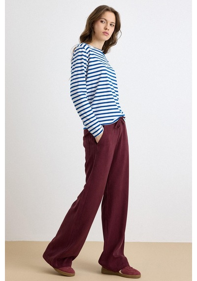Olcay Beli Lastikli Rahat Kesim Soft Denim Pantolon Bordo 7587