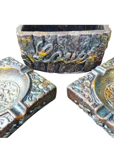 El Yapımı Vintage Eskitme Dekoratif Küllük Ve Kalemlik Seti Kabartma Desenli Bronz, Mavi Ve Altın Efektli Tasarım