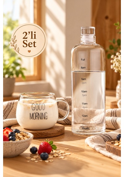 Porsima Motivasyon Saat Çizgili Cam Başucu Sürahisi Ve Good Morning Yazılı Borosilikat Kupa Seti 1000 Ml Sürahi + 400 Ml Kupa