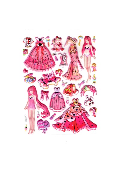 Sticker Kabartmalı Stiker Çıkartma Etiket Laa609 -14x18 Cm- Fuşya Kız Prenses Giydirme Çok Renkli