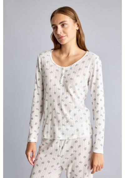 Defacto Çiçekli Düğme Detaylı Regular Fit Uzun Kollu 2li Pijama Takımı F9837ax26auer85 Ekru-er85