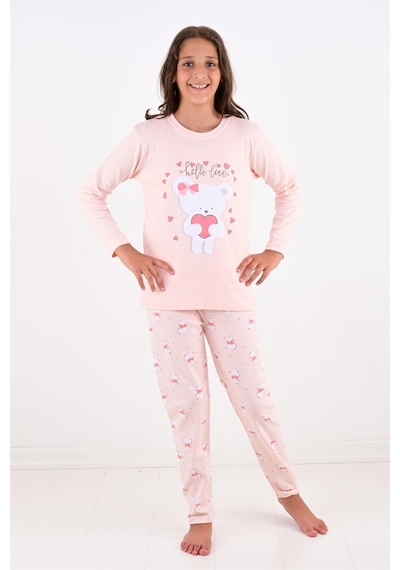 Kız Çocuk Uzun Kollu Fiyonklu Ayıcık Model Pijama Takımı-pembe Pembe