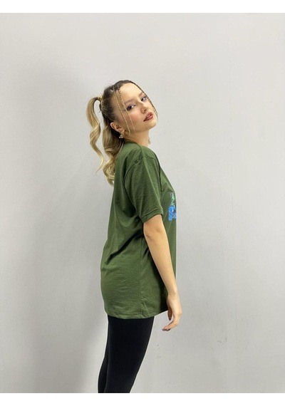 Flood Of Style Kadın Haki Marvel Baskılı Oversize Bisiklet Yaka Tshirt