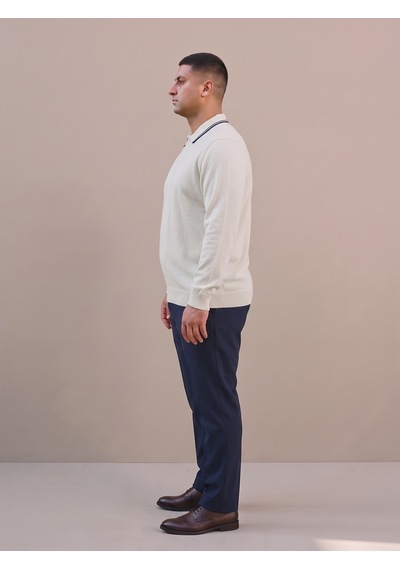Maccali Erkek Beyaz Büyük Beden Gizli Fermuarlı Polo Yaka Triko Sweatshirt