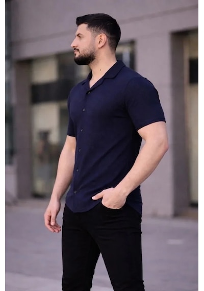 Vexor Erkek Waffle Kumaş Kısa Kollu Düğmeli Açık Yaka Regular Fit Gömlek - Lacivert