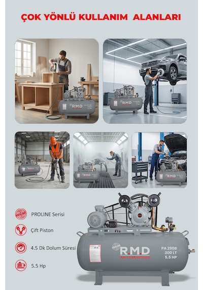 R.m.d Kompresör Hava Kompresörü Pistonlu 300 Lt 2 Kafa 8 Bar 5.5 Hp I Paı290b