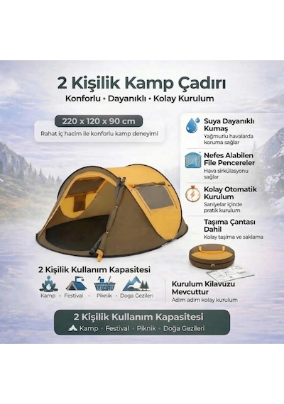 2 Kişilik Vagon Tipi Yarı Otomatik Kamp Çadırı Çift Kapılı, Çift Pencereli, Hafif Taşınabilir Outd Çok Renkli