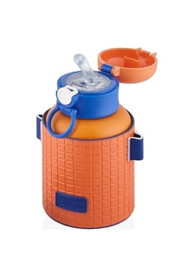 Diller 680ml Moda Waffle Çizgili Deri Kılıf Pipetli Askılı Kilitlenebilir Kapak Çelik Termos Matara Turuncu Genel