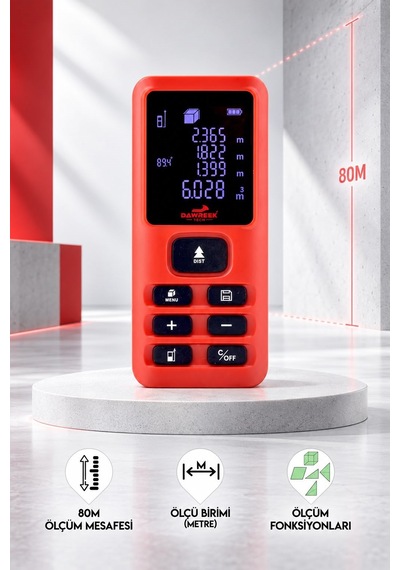 Dawrek E50 Lazer Mesafe Ölçer 80 Metre Dijital Hassas Ölçüm Cihazı Çok Fonksiyonlu Kırmızı