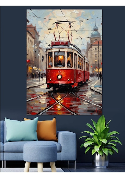 Ahşap Tablo Kırmızı Tramvay Şehir Sokak