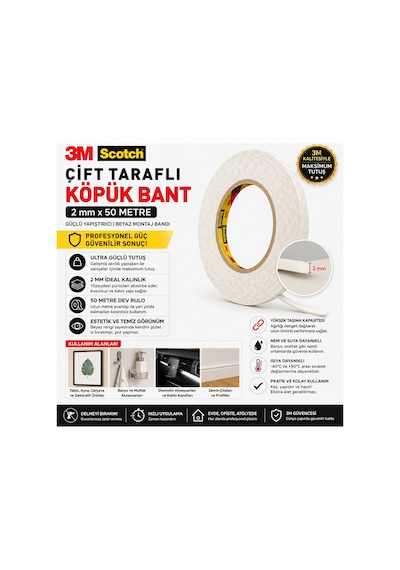Scotch Çift Taraflı Köpük Bant 2 Mm X 50 Metre Güçlü Yapıştırıcı Beyaz Montaj Bandı