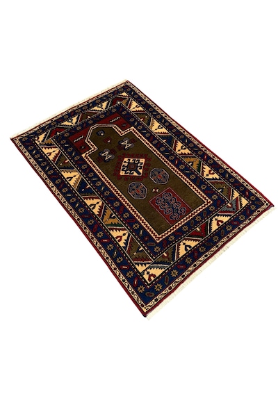 El Dokuma Sıfır Kafkas Halısı Seccade 110x160 Yeşil Kök Boya %100 Yün Namazlık