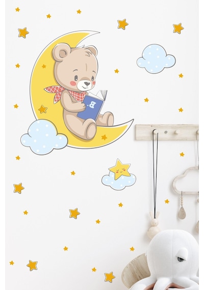 MSticker Ayda Kitap Okuyan Ayıcık Bulut Ve Yıldızlar Çocuk Bebek Odası Sticker Seti