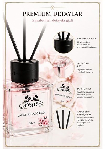 Rosie Japon Kiraz Çiçeği Çubuklu Oda Kokusu, Premium Cam Şişe, Kalıcı Ortam Kokusu, Dekoratif Reed Diffuser