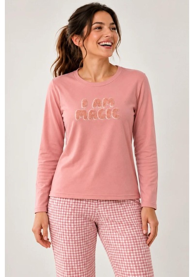 Gd Goldoremi Kadın Likralı Termal Kumaş Manşetli Uzun Kollu Pijama Takımı PEMBE