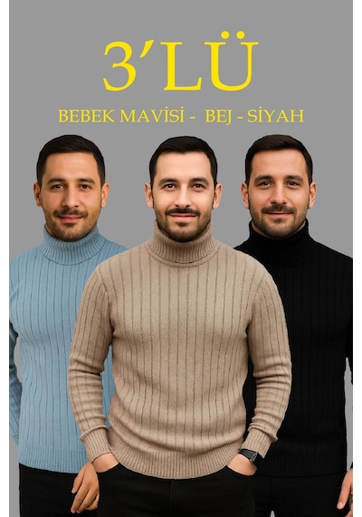 Barlashive Erkek Fitilli Kazak Tam Boğazlı Balıkçı Yaka Triko 3'lü Set Bebek Mavisi-bej-siyah Çok Renkli