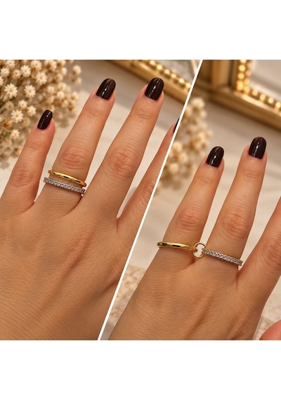 2'li Takım Yüzük Tam Tur Ve Alyans Model Paslanmaz Çelik Gold