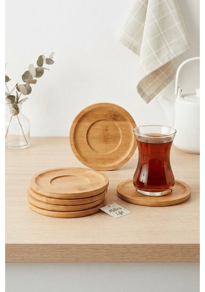 6 Lı Bambu Yuvarlak Çay Tabağı Bardak Altlığı Takımı Seti Mıt1374