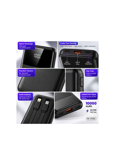 10000 Mah 22.5w Hızlı Şarj Powerbank Dahili Type-c Ve Lightning Kablolu Dijital Göstergeli- Re-ck082 Diğer