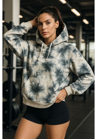 Kadın Batik Desen Renkli Oversize Relaxed Uzun Kollu Kapüşonlu Sweatshirt Çok Renkli