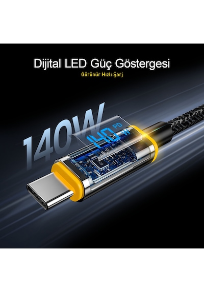 Aohi Magline PD 3.1140 W USB-C To USB-C Led Ekranlı Örgülü Süper Hızlı Şarj Data Kablosu 1.2 M