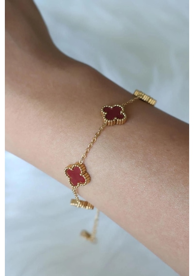 Gold Bordo Doğal Taşlı Premium Çelik Bileklik Gold