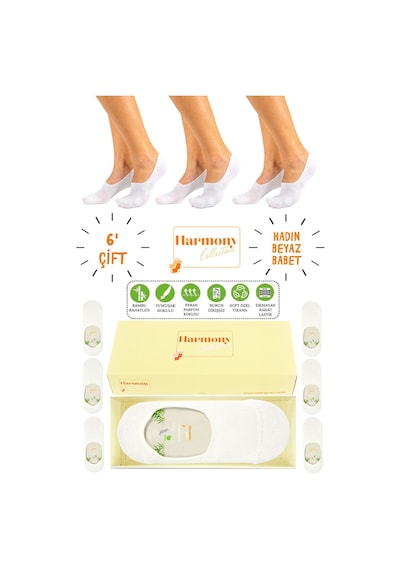 Harmony Collectıon Bambu Kadın Siyah Babet 6 Çift Özel Kutulu, Burun Dikişsiz Ve Silikonlu Kaydırmaz Topuk Premıum Beyaz