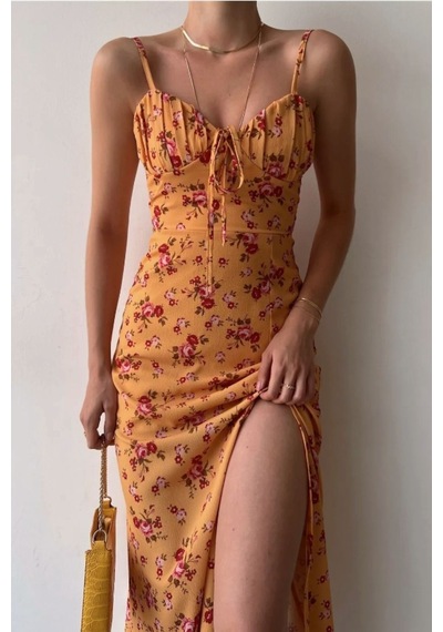 Munora Butik Askılı Midi Boy Göğüsü Drapeli Çiçek Desenli Yırtmaçlı Kadın Hardal Elbise Hardal Hardal Munora Butik Askılı Midi Boy Göğüsü Drapeli Çiçek Desenli Yırtmaçlı Kadın Hardal Elbise Hardal Hardal