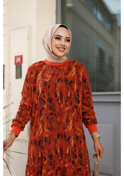 Harman Butik Kadın Yaprak Desenli Şifon Elbise Kiremit Kiremit