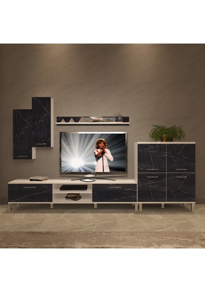 Decoraktiv Eko 6 Mdf Dvd Krom Ayaklı Tv Ünitesi Tv Sehpası Beyaz - Siyah Mermer
