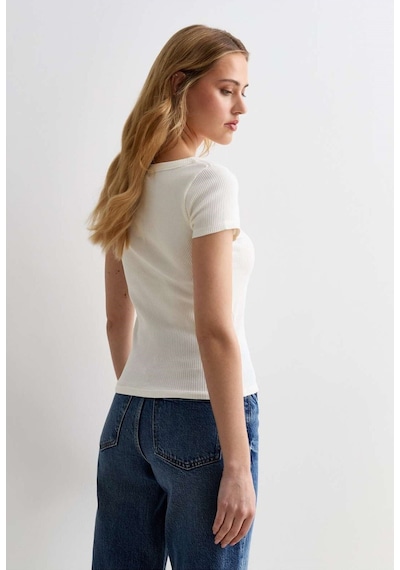 Rooted Kadın Kare Yaka T-shirt & Bluz , Likralı Fitilli Kaşkorse Kumaş Ekru