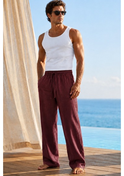 Tarz Cool Erkek Müslin Keten Karışımlı Rahat Kalıp Beli Lastikli Bağcıklı Yazlık Pantolon Bordo Tarz Cool Erkek Müslin Keten Karışımlı Rahat Kalıp Beli Lastikli Bağcıklı Yazlık Pantolon Bordo