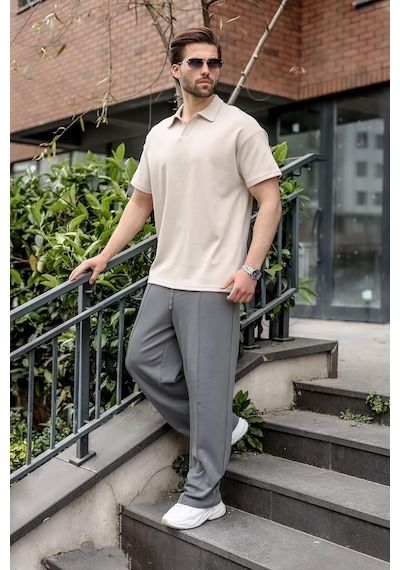 Madmext Taş Rengi Polo Yaka Oversize Erkek Tişört E7185