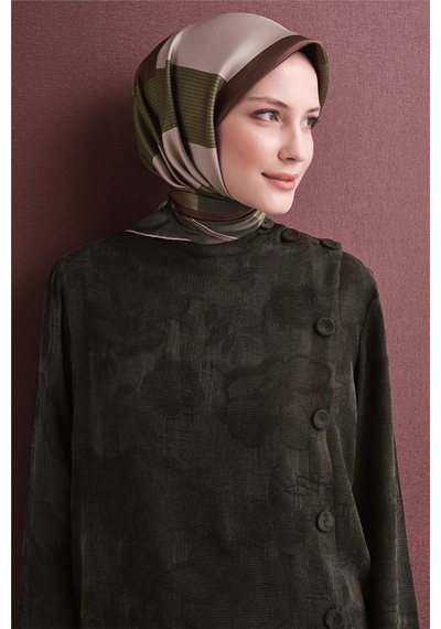 Armine Sura Saf İpek Eşarp 9610 31 Haki Geometrik Desen