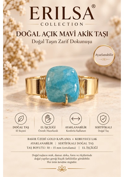 Sertifikalı Açık Mavi Akik Taşı Yüzük Gold Kaplama Bakır Kasa Aya Çok renkli