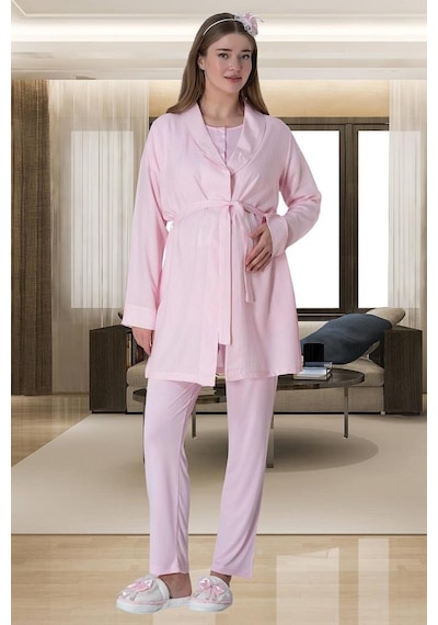Mecit Pijama Mecit 6001 Bayan Pembe Çizgi Sabahlık Hamile Lohusa Pijama Takımı 001