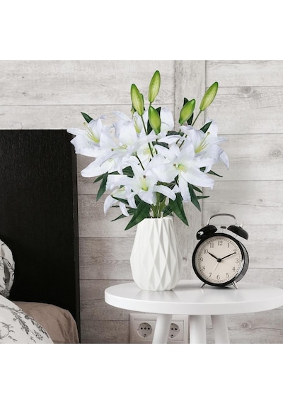 Yapay Çiçek Beyaz Lilyum 3 Kafalı Uzun Dal Çiçek Zambak Lily Flowers 80cm