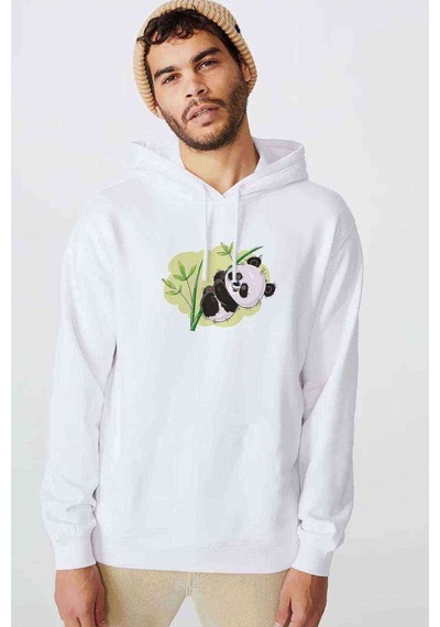 Panda Baskılı Beyaz Erkek Örme Kapşonlu Sweatshirt (531040561)