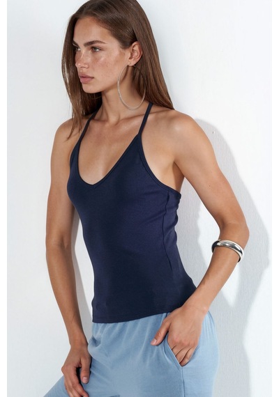 Hiccup Busem Slim Fit Halter Yaka Jarse Bluz Lacivert