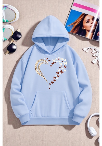 Uyguntarz Unisex Leopar Kalp Desenli Baskılı Oversize Sweatshirt Bebe Mavisi