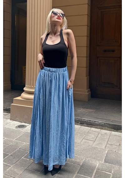 Madmext Bebe Mavisi Vual Kumaş Basic Kadın Uzun Boy Kadın Etek Mg2366 Bebe Mavisi
