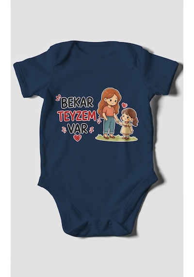 Morivokids Bekar Teyzem Var Kısa Kollu Bebek Body %100 Pamuk Lacivert
