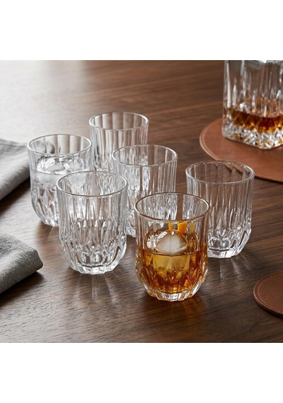 6'lı Kesme Kristal Desenli Cam Bardak Seti - Klasik Tasarım Su, Meşrubat Ve Viski Bardağı Takımı 315 Ml Çok Renkli