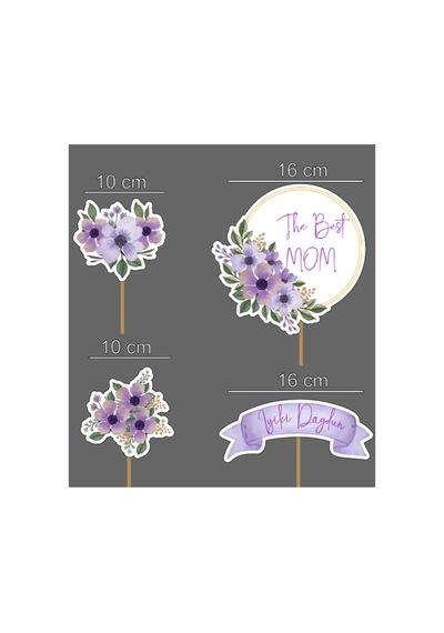 İyiki Doğdun Anne The Best Mom Mor Çiçekli Pasta Cupcake Kürdanı Doğum Günü Süsü 4 Parça Diğer