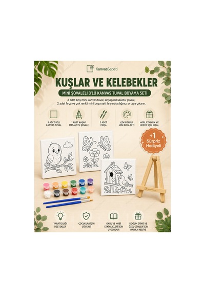 Kuşlar Ve Kelebekler Mini Şövaleli 3'lü Boyanabilir Kanvas Tuval Seti 20x20 12 Renk Boya