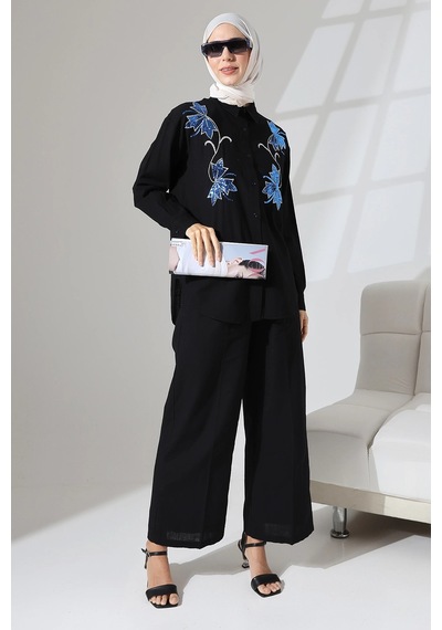 Mihran Butik 100% Pamuk Keten Günlük Ve Rahat Çiçek Desen Nakışlı Pullu Gömlek Pantolon Yazlık Alt Üst Takım Siyah Mihran Butik 100% Pamuk Keten Günlük Ve Rahat Çiçek Desen Nakışlı Pullu Gömlek Pantolon Yazlık Alt Üst Takım Siyah