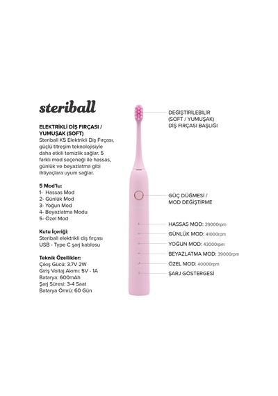 Steriball Elektrikli Diş Fırçası Pembe - 5 Farklı Mod Değiştirilebilir Fırça Başlığı Type-c Şarj Şarjlı