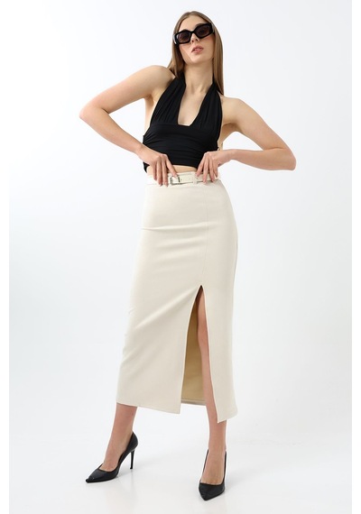 Winmoda34 Kadın Uzun Kemerli 92cm Maxi Boy Yırtmaçlı Süet Etek Ekru