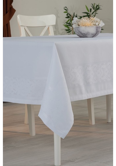Jumbo Jakar Pano Desen Leke Tutmaz Jakarlı 150x250 Cm Lüks 8 Kişilik Masa Örtüsü Krem Beyaz